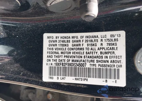 2013 Honda Civic Lx z USA, uszkodzony, nr VIN 19XFB2F59DE245007